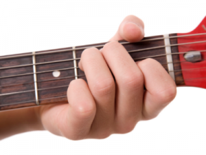 The E chord plyed using 1st, 2nd and 3rd fingers