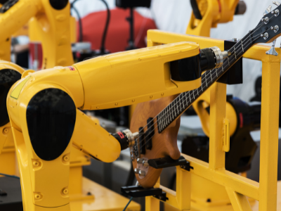 Mechanized robots at a guitar factory