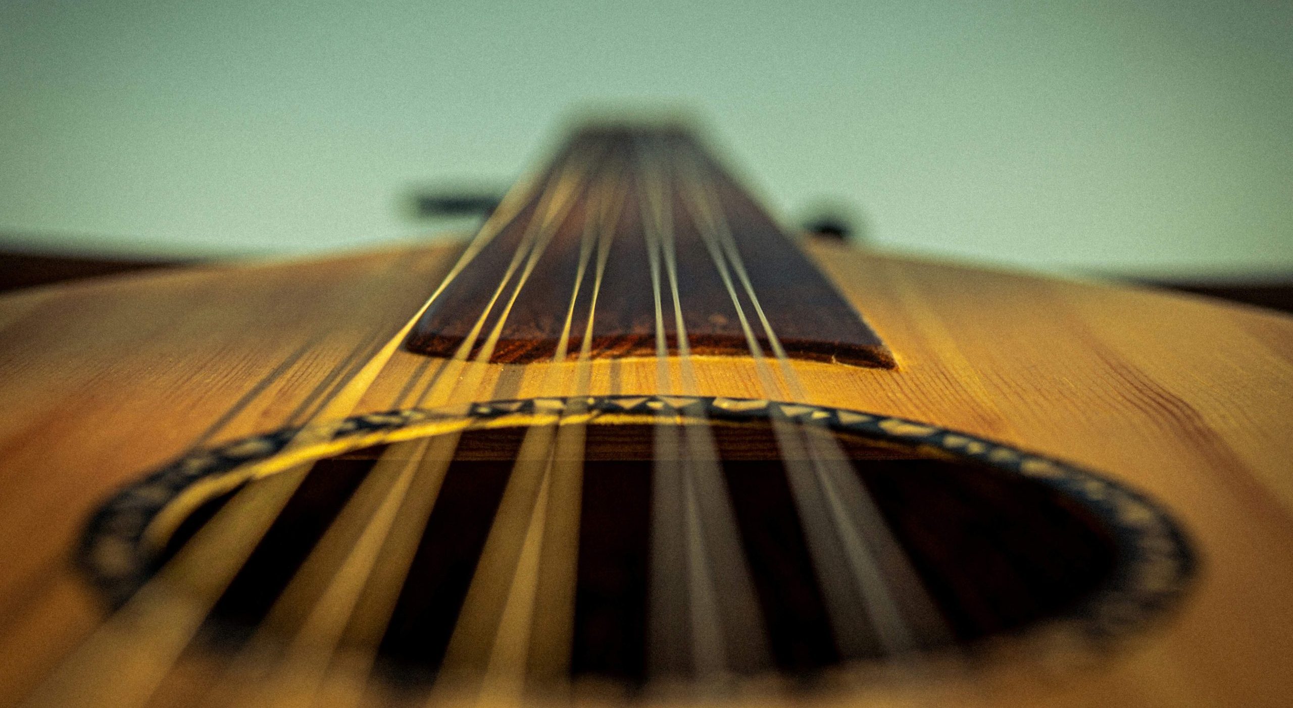 an oud, viewed from the bridge up the neck