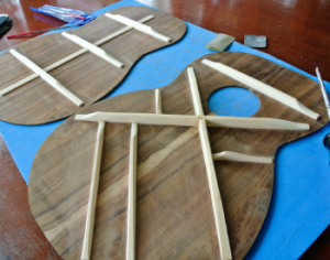 Interior braces on front and back pieces for an acoustic guitar
